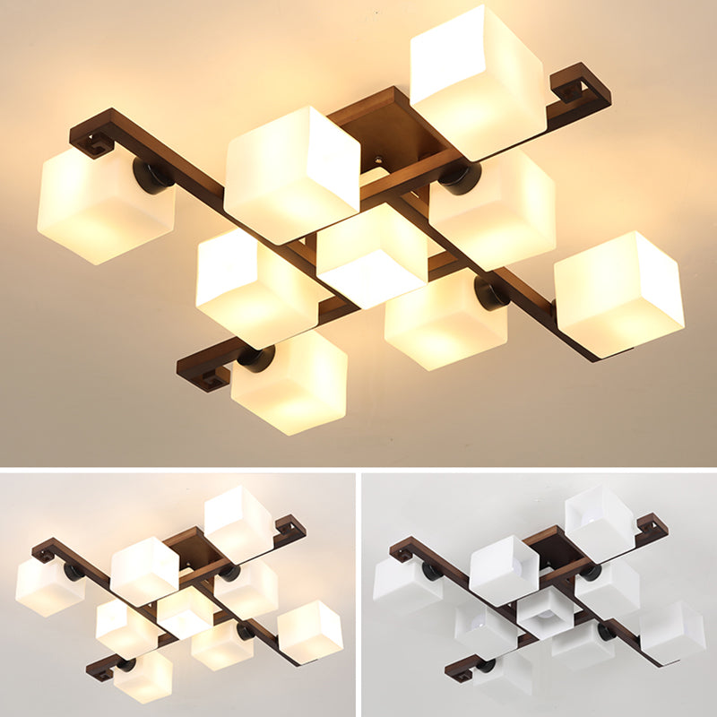 Rectangle Wood Semi Flush Mount Light Modern White Glass Shade Ceiling Flush Mount for Restaurant