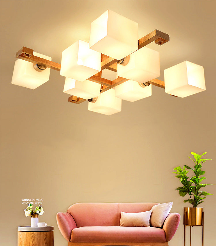 Rectangle Wood Semi Flush Mount Light Modern White Glass Shade Ceiling Flush Mount for Restaurant