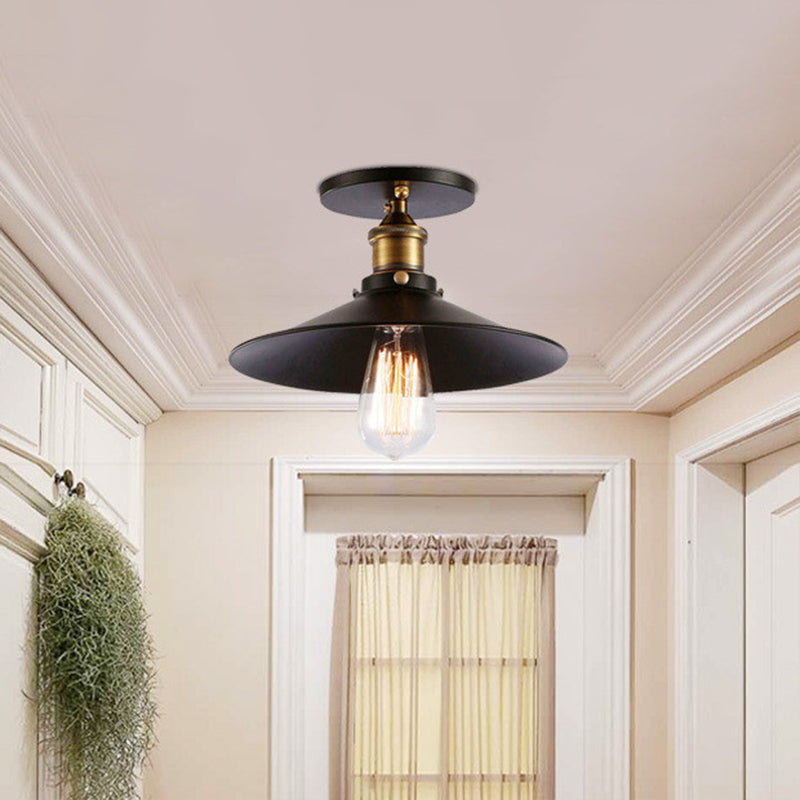 Black 1-Light Cone Shade Semi Flush Mount Lighting Vintage Style Metal Ceiling Light for Hallway