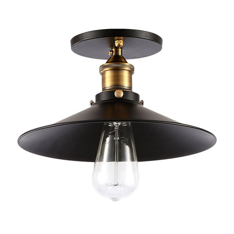 Zwart 1-licht kegel schaduw Semi Flush Mount Lighting Vintage Style Metal Plafond Light voor gang