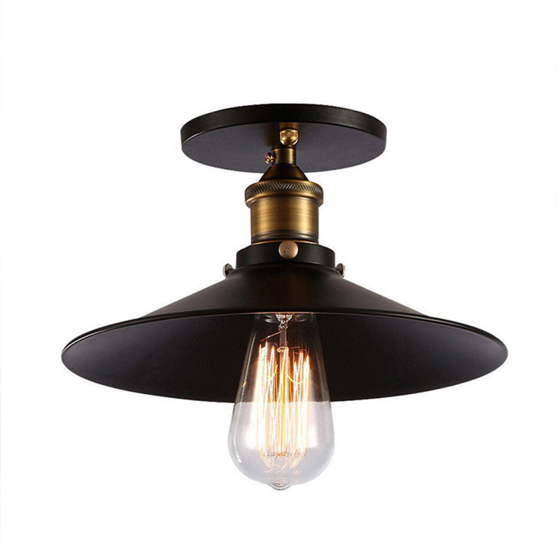 Zwart 1-licht kegel schaduw Semi Flush Mount Lighting Vintage Style Metal Plafond Light voor gang