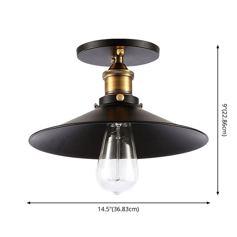 Black 1-Light Cone Shade Semi Flush Mount Lighting Vintage Style Metal Ceiling Light for Hallway