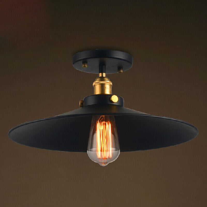 Black 1 Light Ceiling Lighting Retro Industrial Iron Cone Shade Semi Flush Mount Lighting for Dining Table