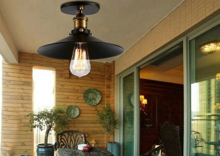 Black 1 Light Ceiling Lighting Retro Industrial Iron Cone Shade Semi Flush Mount Lighting for Dining Table