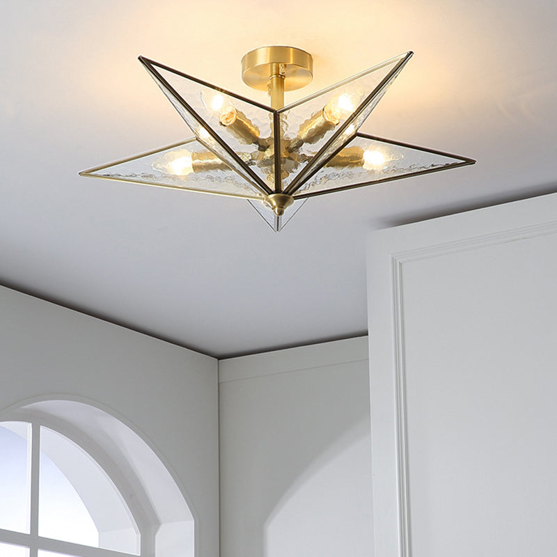 23.6 Inches Wide Pentagram Brass Ceiling Light with Glass Shade 5-Lights Nordic Simplicity Style Flush Mount Lamp