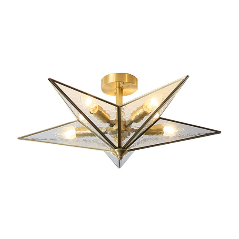 23.6 Inches Wide Pentagram Brass Ceiling Light with Glass Shade 5-Lights Nordic Simplicity Style Flush Mount Lamp