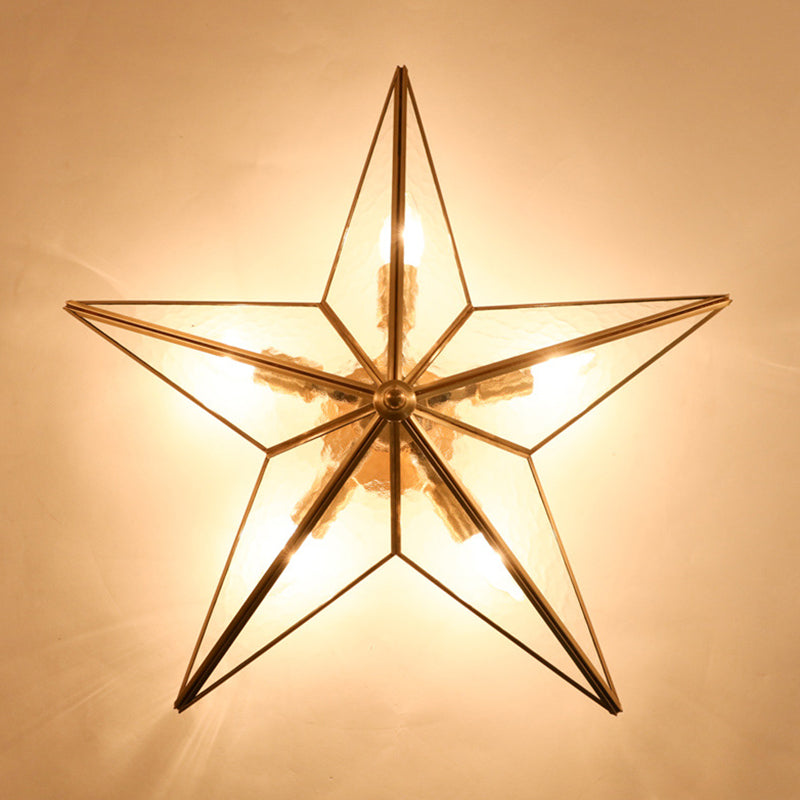 23.6 Inches Wide Pentagram Brass Ceiling Light with Glass Shade 5-Lights Nordic Simplicity Style Flush Mount Lamp