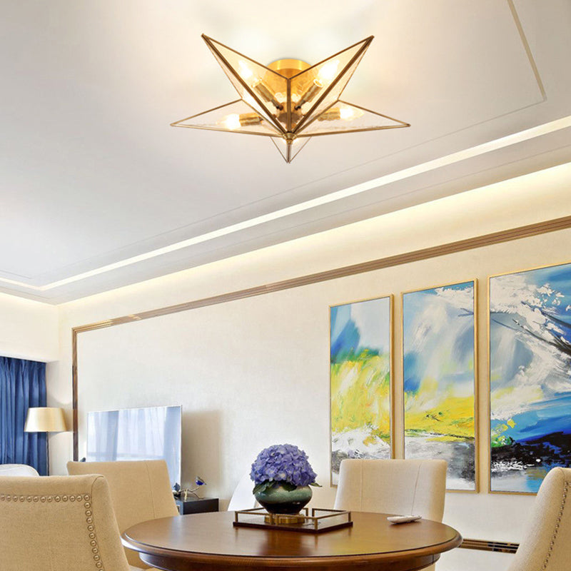 23.6 Inches Wide Pentagram Brass Ceiling Light with Glass Shade 5-Lights Nordic Simplicity Style Flush Mount Lamp