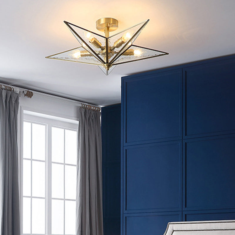 23.6 Inches Wide Pentagram Brass Ceiling Light with Glass Shade 5-Lights Nordic Simplicity Style Flush Mount Lamp