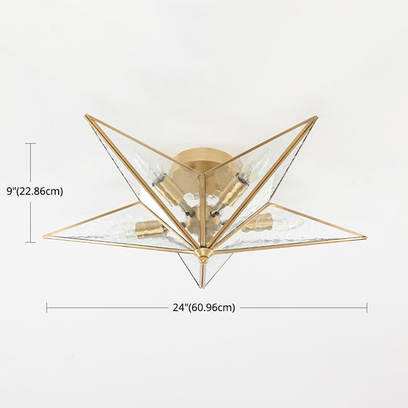 23.6 Inches Wide Pentagram Brass Ceiling Light with Glass Shade 5-Lights Nordic Simplicity Style Flush Mount Lamp