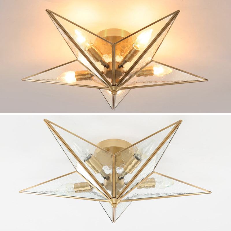 23.6 Inches Wide Pentagram Brass Ceiling Light with Glass Shade 5-Lights Nordic Simplicity Style Flush Mount Lamp