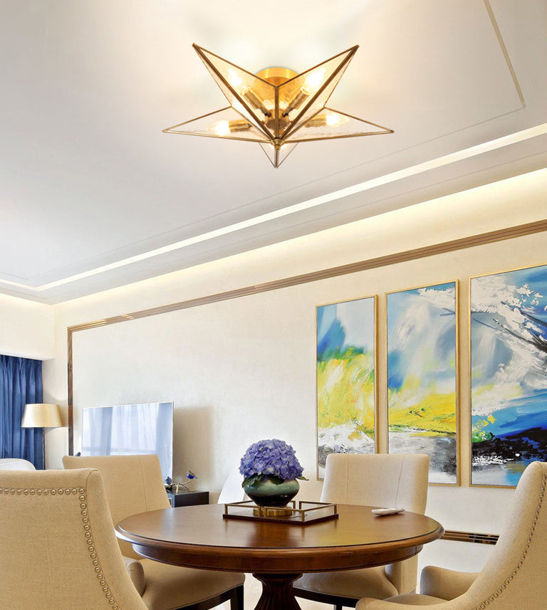 23.6 Inches Wide Pentagram Brass Ceiling Light with Glass Shade 5-Lights Nordic Simplicity Style Flush Mount Lamp