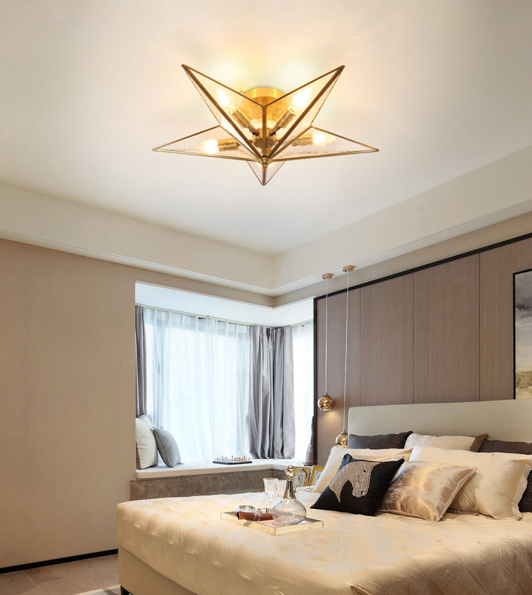 23.6 Inches Wide Pentagram Brass Ceiling Light with Glass Shade 5-Lights Nordic Simplicity Style Flush Mount Lamp