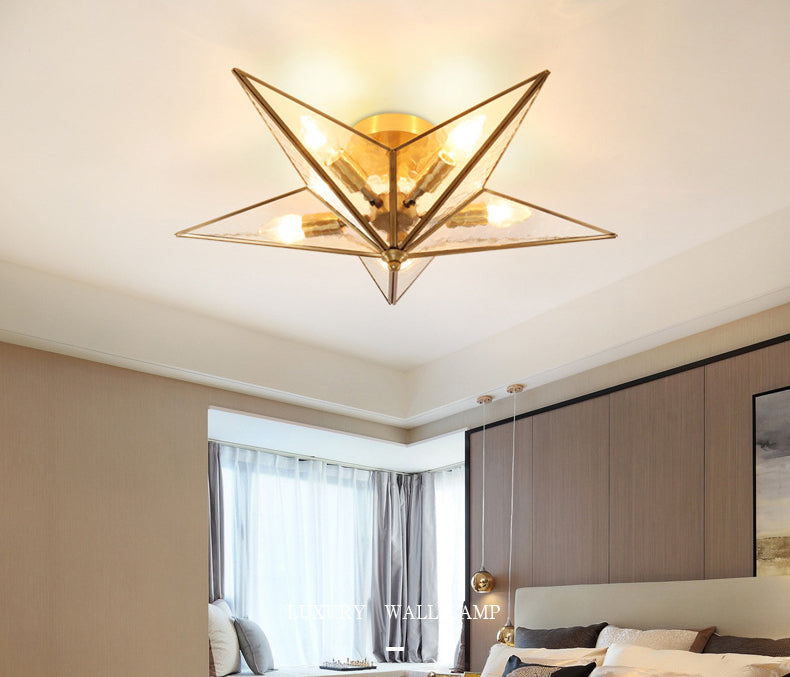 23.6 Inches Wide Pentagram Brass Ceiling Light with Glass Shade 5-Lights Nordic Simplicity Style Flush Mount Lamp