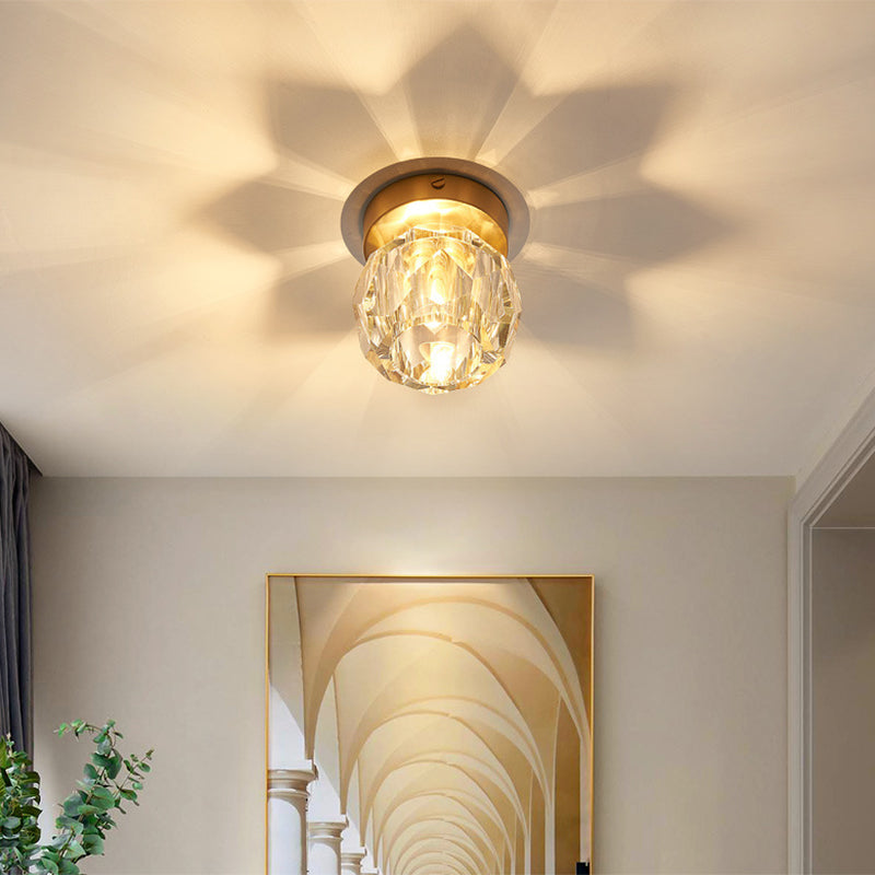 1-Light Crystal Mini Ceiling Light 4.3" Wide Brass Traditional Style Flush-mount Lamp for Aisle Corridor