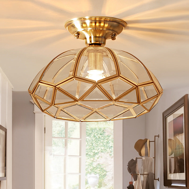 Colonial Style Traditional Flush-mount Light Brass Body Transparent Glass Mini Lighting Fixture for Aisle Corridor