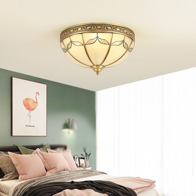 Domed Shade Bedroom Flushmount Light Traditional Milky Glass 3/4 Lights Gold Ceiling Lighting, 12.5"/16" W