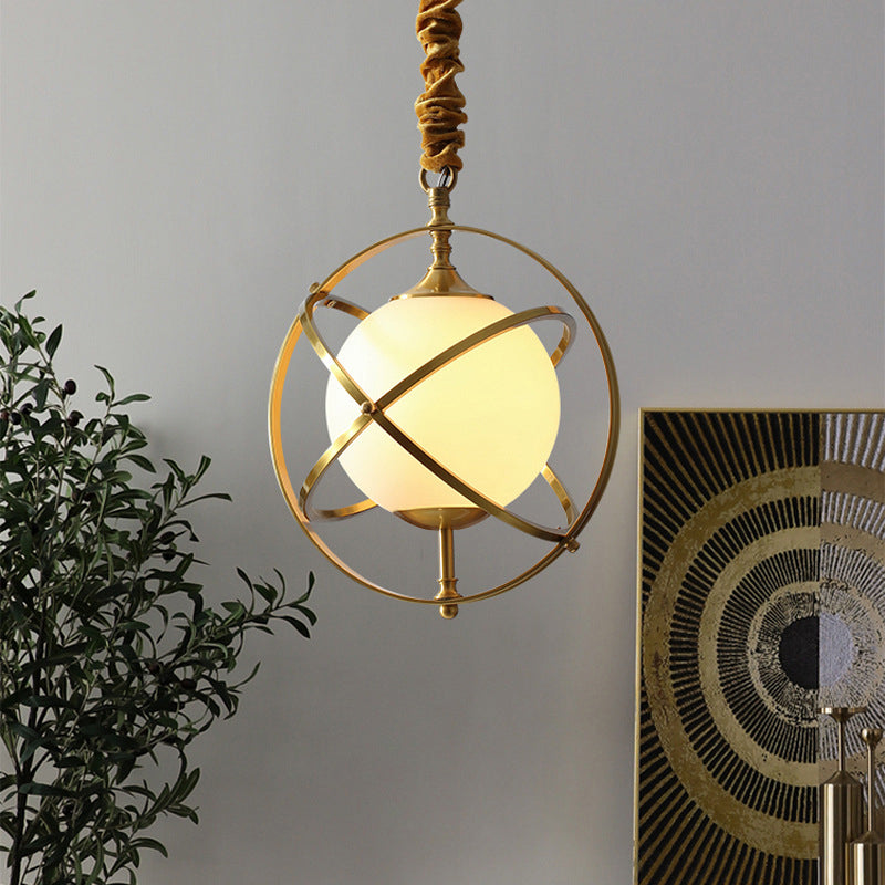 11" Wide Full Copper Triple Rings Lighting Pendant White Glass Shade Suspension Lamp in Gold