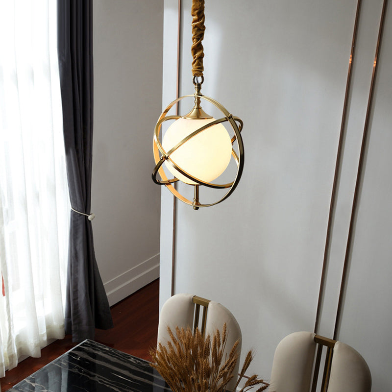 11" Wide Full Copper Triple Rings Lighting Pendant White Glass Shade Suspension Lamp in Gold