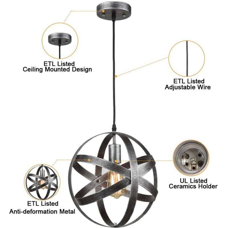 11.8 "Diameter Globe Metal Cage Hanglight Single Bulb Vintage industriële stijl Verlichtingsarmatuur voor slaapkamer