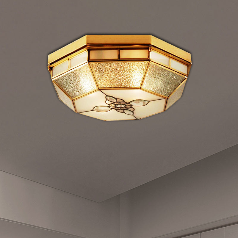 19.5"/23.5" W Geometric Frosted Glass Pane Flush Ceiling Light Traditional 4/6 Lights Bedroom Flush Mount Lighting in Gold