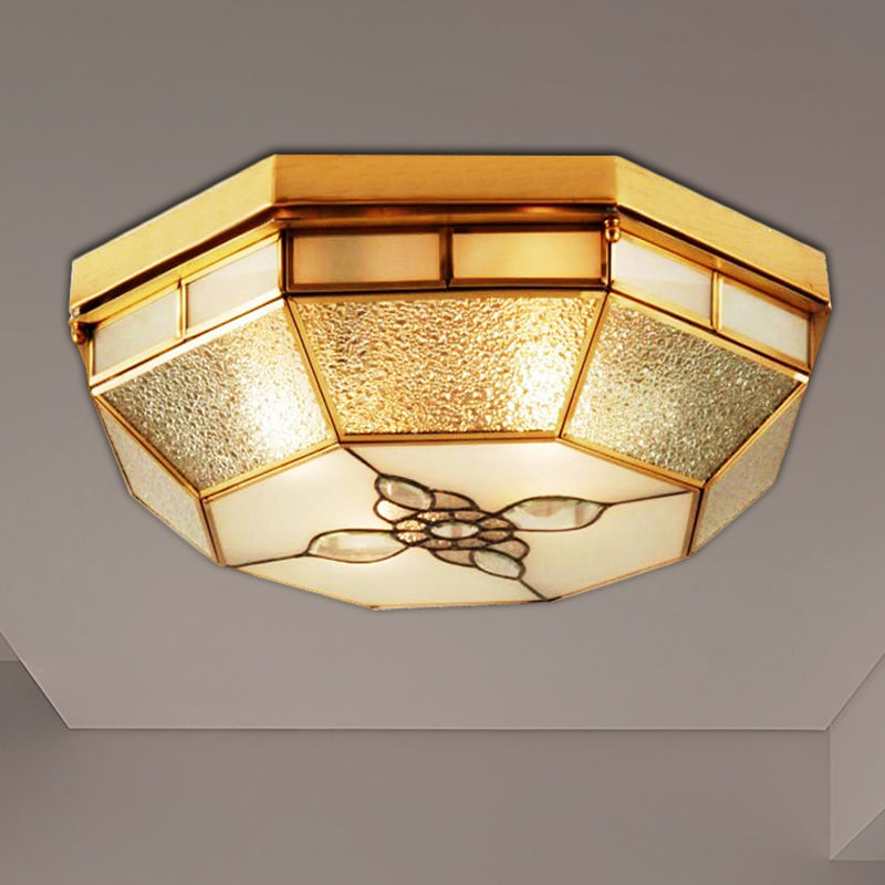 19.5"/23.5" W Geometric Frosted Glass Pane Flush Ceiling Light Traditional 4/6 Lights Bedroom Flush Mount Lighting in Gold