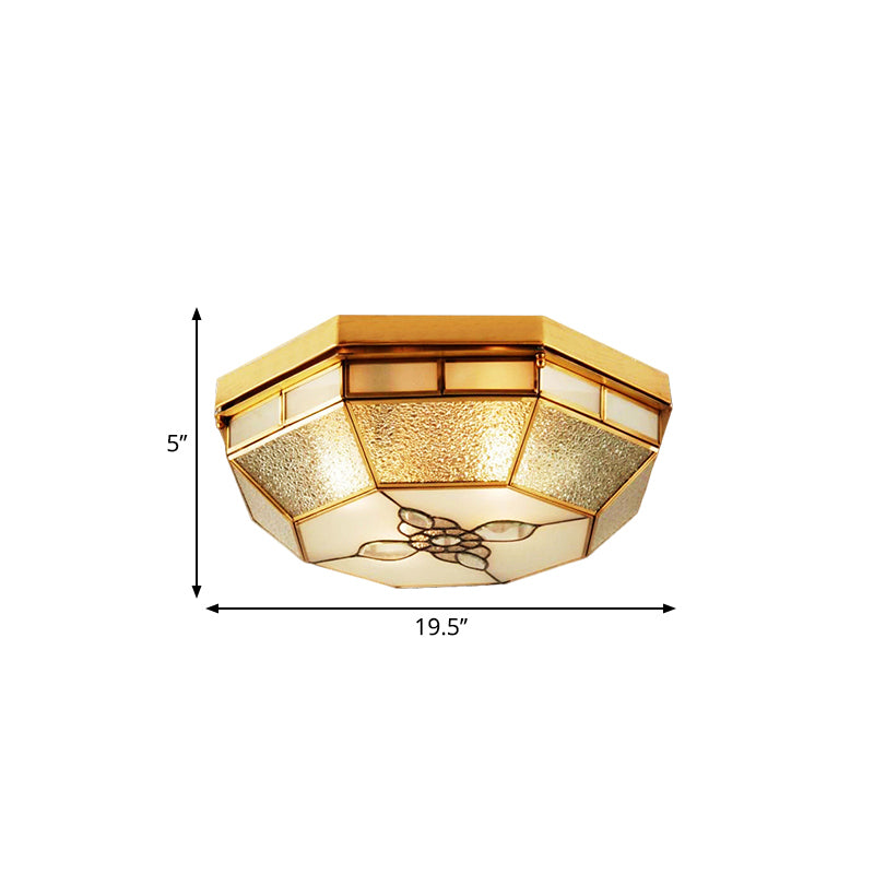 19.5"/23.5" W Geometric Frosted Glass Pane Flush Ceiling Light Traditional 4/6 Lights Bedroom Flush Mount Lighting in Gold