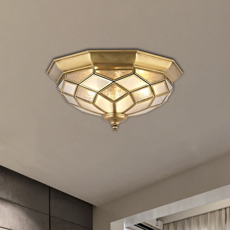 3/5 Lights Flush Ceiling Light Classic Prismatic Frosted Glass Pane Flush Mount Lighting in Gold for Bedroom, 18 "/21.5" W