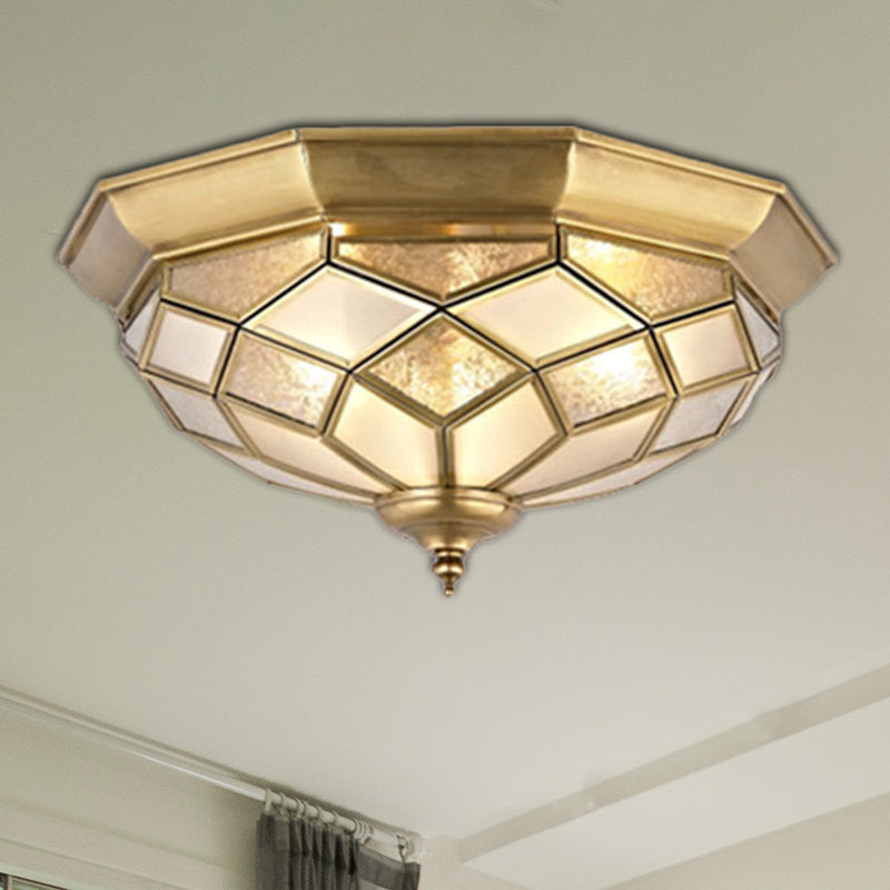 3/5 Lights Flush Ceiling Light Classic Prismatic Frosted Glass Pane Flush Mount Lighting in Gold for Bedroom, 18“/21.5” W