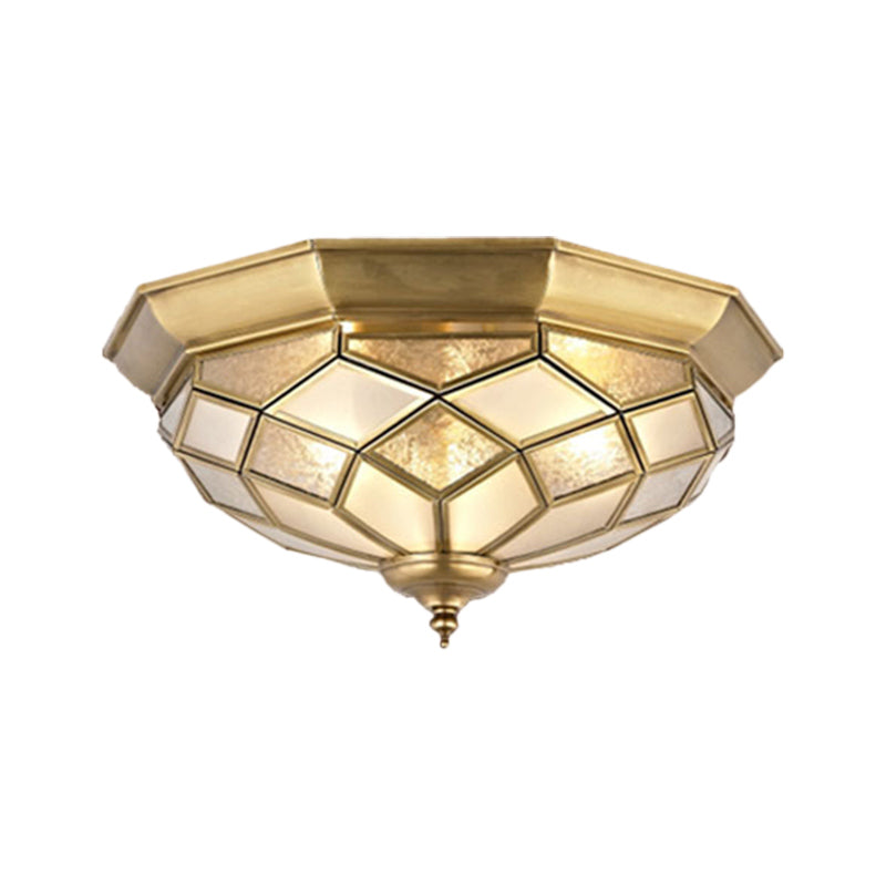 3/5 Lights Flush Ceiling Light Classic Prismatic Frosted Glass Pane Flush Mount Lighting in Gold for Bedroom, 18“/21.5” W