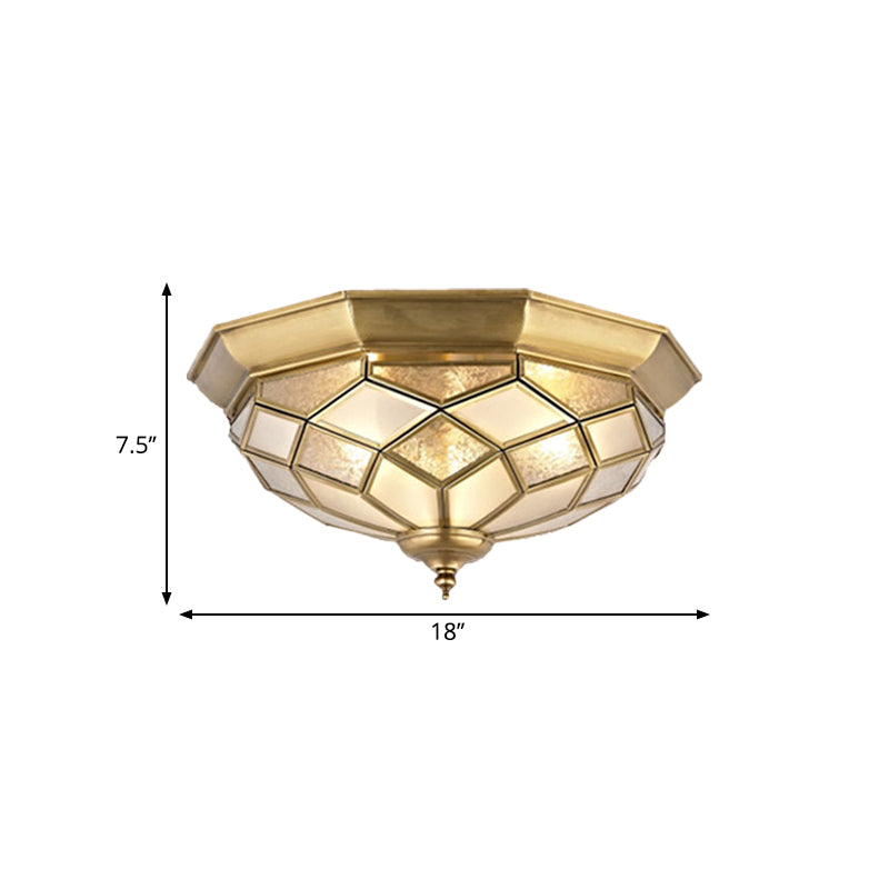 3/5 Lights Flush Ceiling Light Classic Prismatic Frosted Glass Pane Flush Mount Lighting in Gold for Bedroom, 18 "/21.5" W