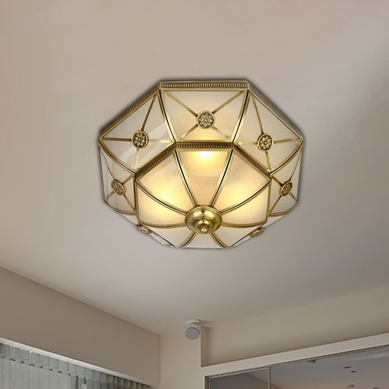 Brass 3/4/6 Lights Flush Mount Traditional Curved Frosted Glass Flower Flush Ceiling Light Fixture for Bedroom