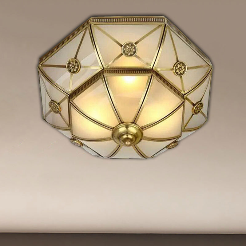 Brass 3/4/6 Lights Flush Mount Traditional Curved Frosted Glass Flower Flush Ceiling Light Fixture for Bedroom