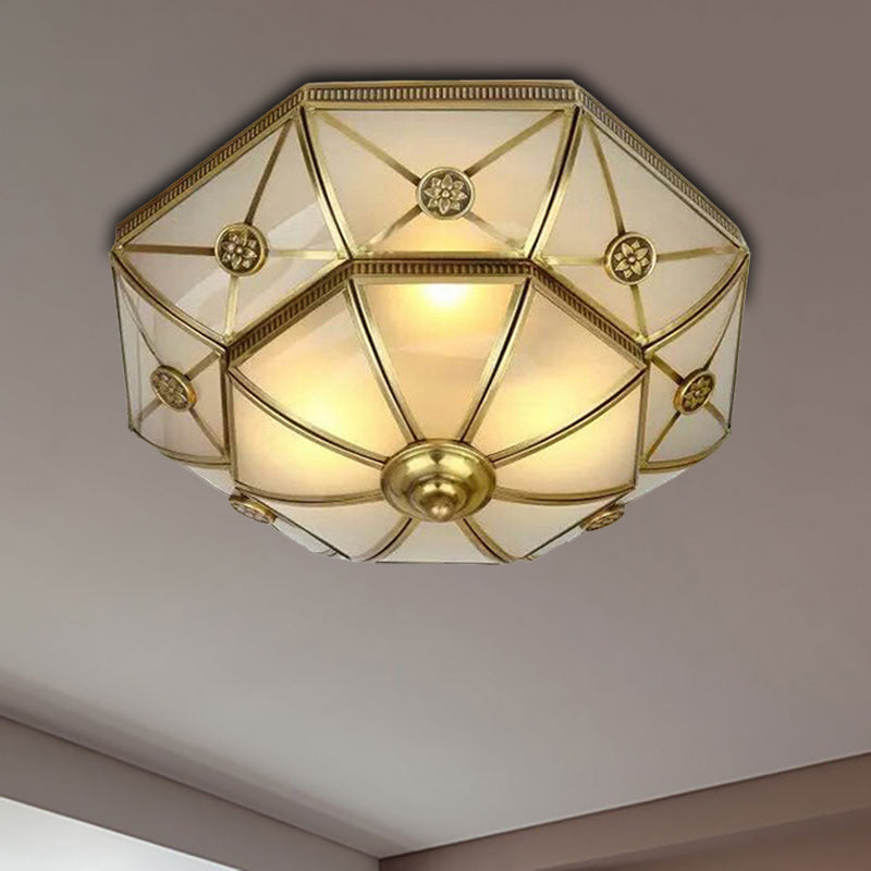 Brass 3/4/6 Lights Flush Mount Traditional Curved Frosted Glass Flower Flush Ceiling Light Fixture for Bedroom