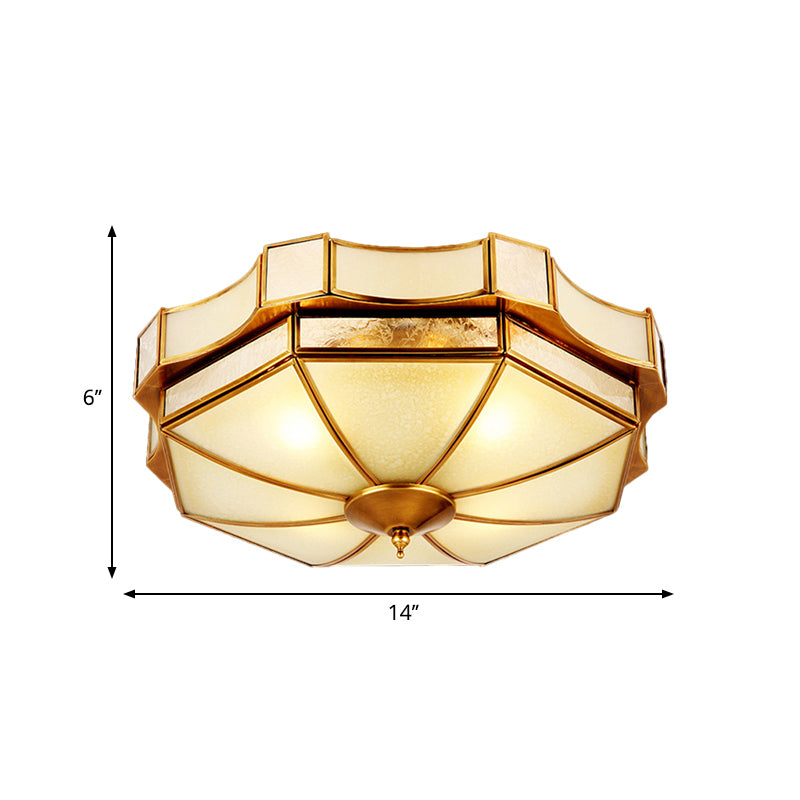 3/4-Licht-Unterputzleuchte, traditionelle Kuppel, gebogene Deckeneinbauleuchte aus Milchglas in Messing für Schlafzimmer, 14"/18"/19,5" B