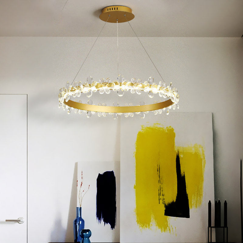 Round Chandelier Lamp Modern Crystal 19.5"/27.5" Wide LED Gold/Coffee Pendant Light Fixture in Warm/White Light