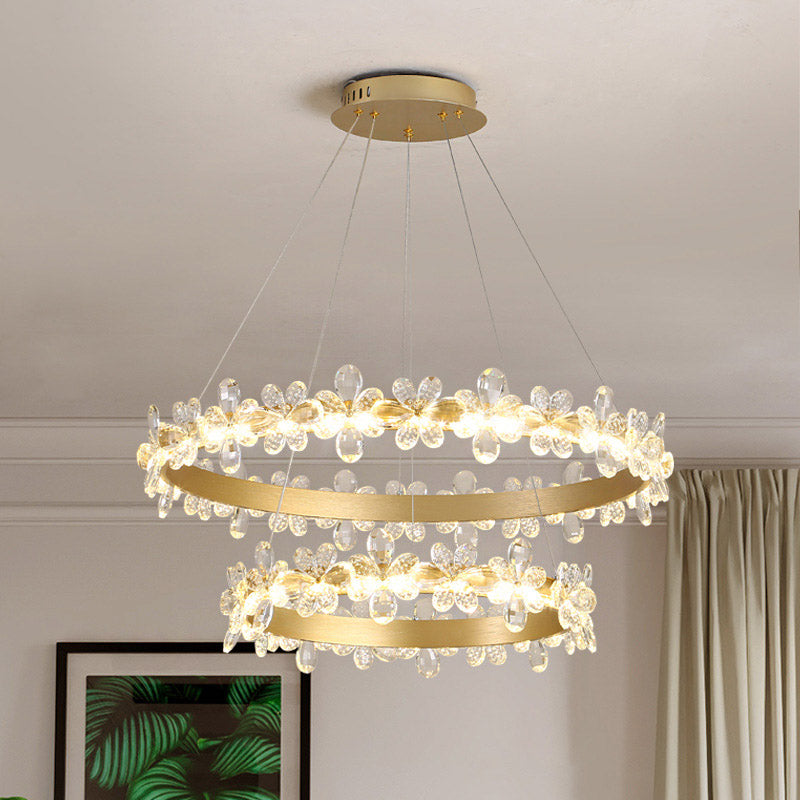 Round Chandelier Lamp Modern Crystal 19.5"/27.5" Wide LED Gold/Coffee Pendant Light Fixture in Warm/White Light