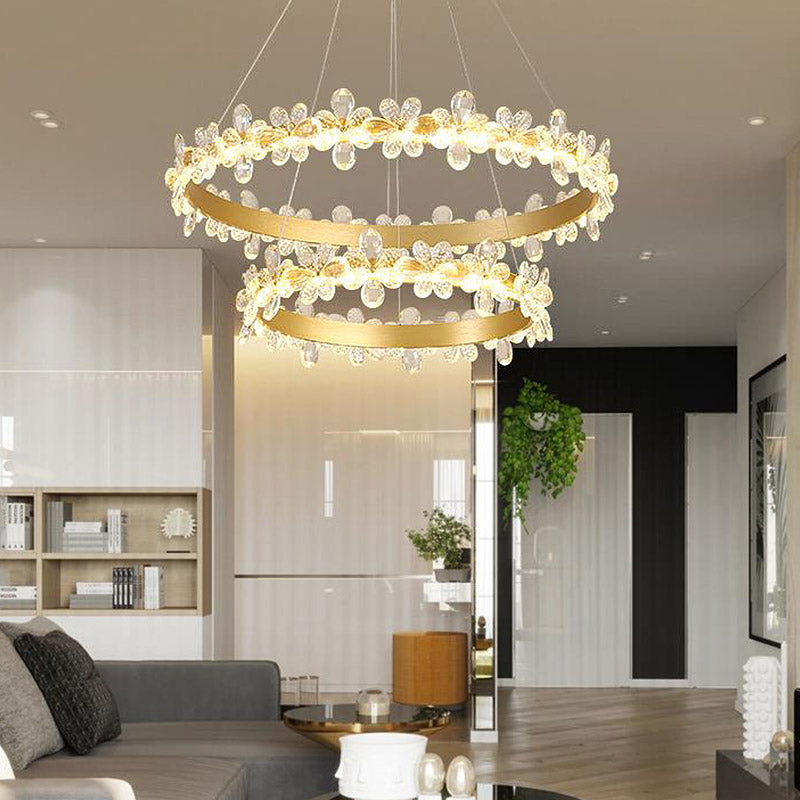 Round Chandelier Lamp Modern Crystal 19.5"/27.5" Wide LED Gold/Coffee Pendant Light Fixture in Warm/White Light