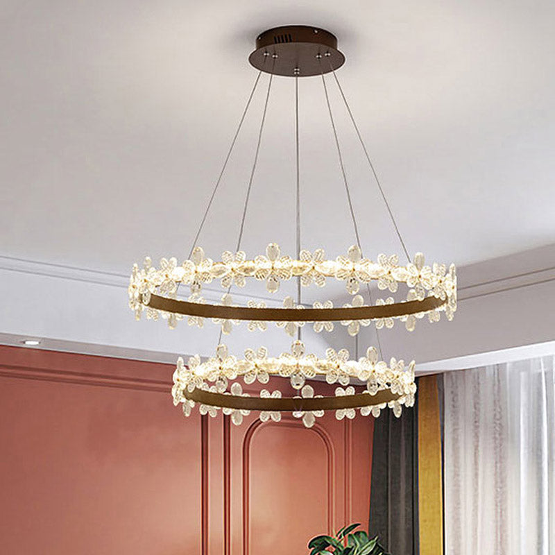 Round Chandelier Lamp Modern Crystal 19.5"/27.5" Wide LED Gold/Coffee Pendant Light Fixture in Warm/White Light