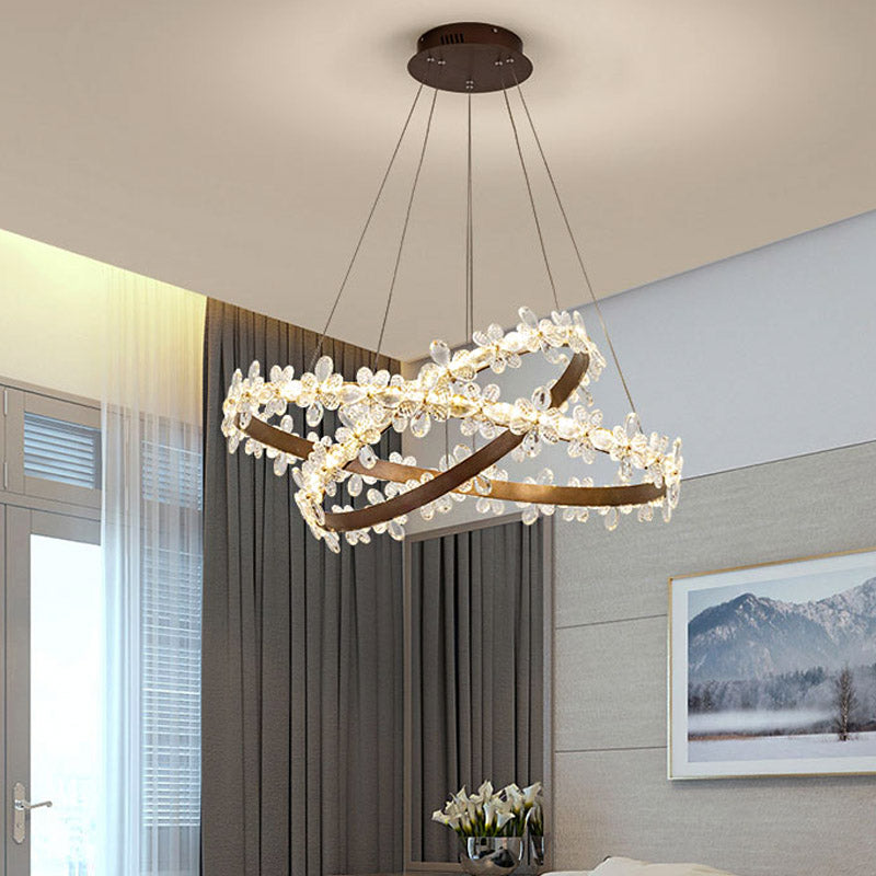 Round Chandelier Lamp Modern Crystal 19.5"/27.5" Wide LED Gold/Coffee Pendant Light Fixture in Warm/White Light