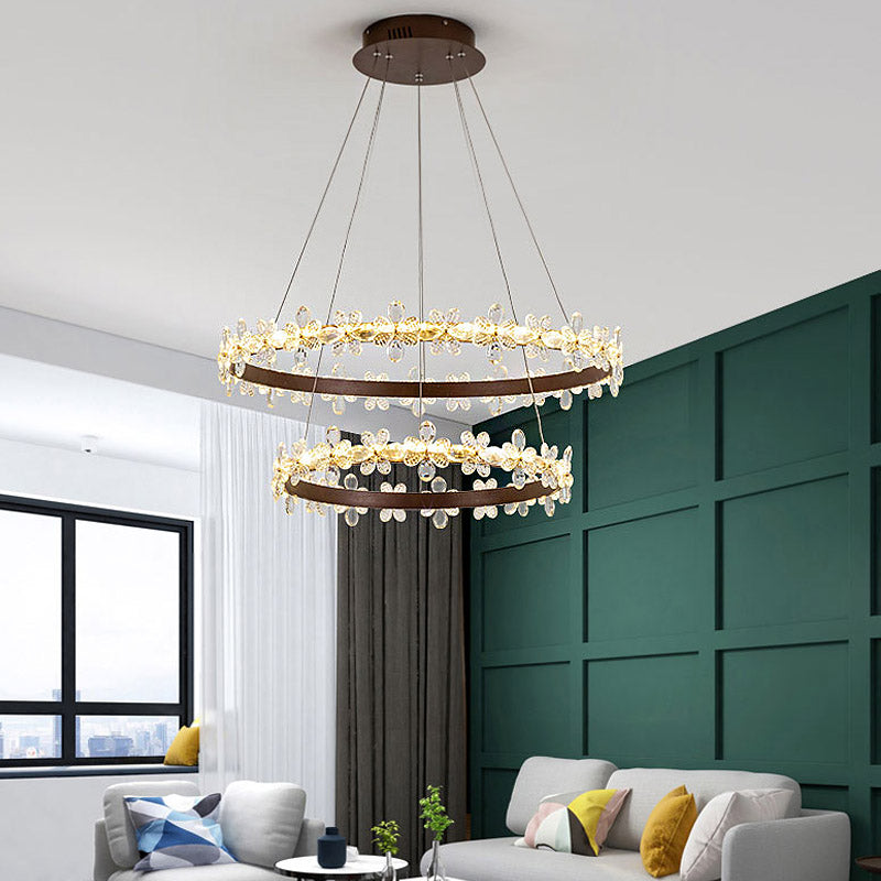 Round Chandelier Lamp Modern Crystal 19.5"/27.5" Wide LED Gold/Coffee Pendant Light Fixture in Warm/White Light