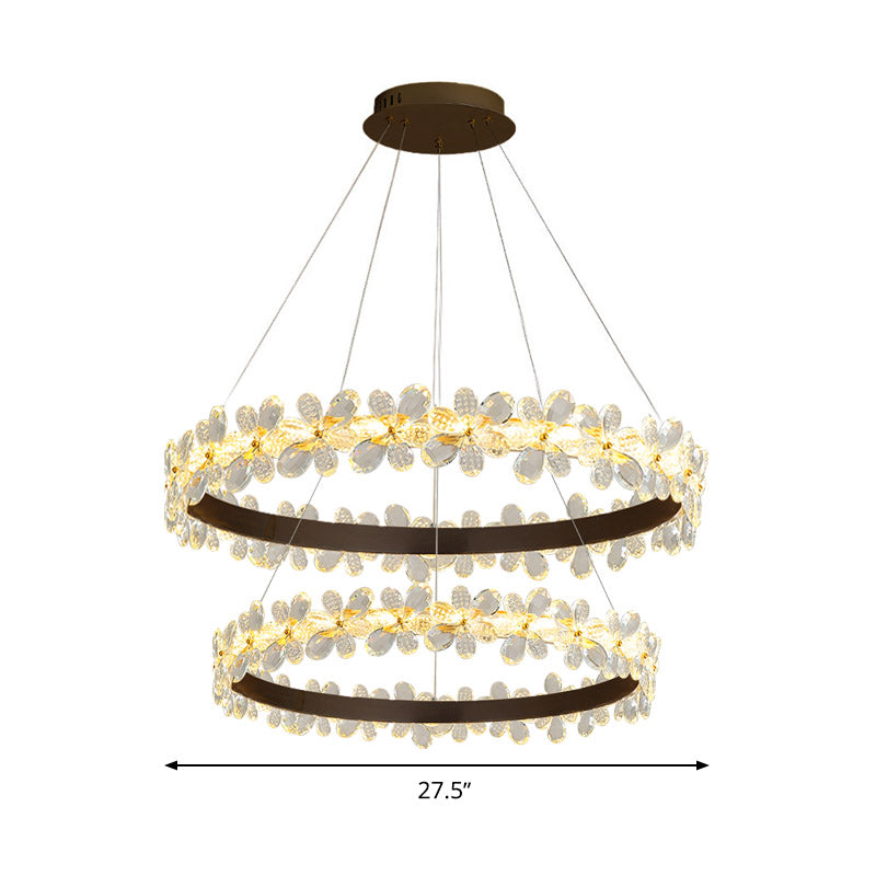 Round Chandelier Lamp Modern Crystal 19.5"/27.5" Wide LED Gold/Coffee Pendant Light Fixture in Warm/White Light