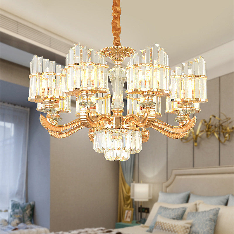 Radial Chandelier Light Modern Crystal 6/8 Bulbs 23.5"/27" Wide Gold Suspended Lighting Fixture with Curved Metal Arm