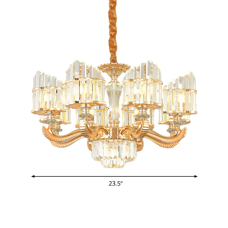 Radial Chandelier Light Modern Crystal 6/8 Bulbs 23.5"/27" Wide Gold Suspended Lighting Fixture with Curved Metal Arm