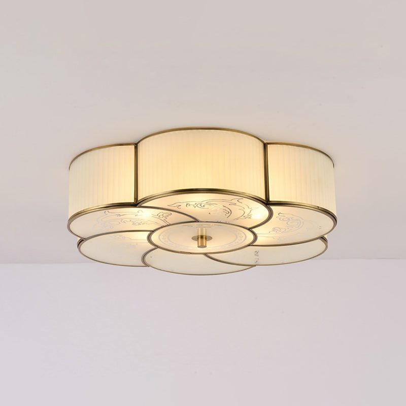 3/4 Lights Floral Flush Mount Lamp Traditional Brass Curved Frosted Glass Ceiling Mounted Fixture for Bedroom