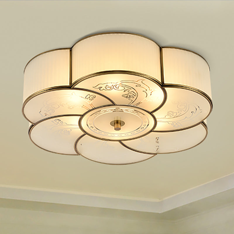 3/4 Lights Floral Flush Mount Lamp Traditional Brass Curved Frosted Glass Ceiling Mounted Fixture for Bedroom