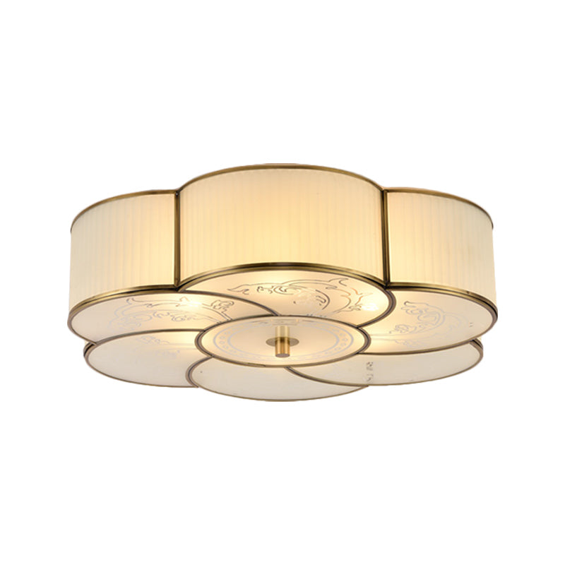 3/4 Lights Floral Flush Mount Lamp Traditional Brass Curved Frosted Glass Ceiling Mounted Fixture for Bedroom