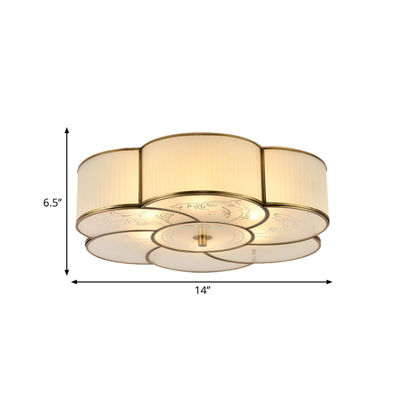 3/4 Lights Floral Flush Mount Lamp Traditional Brass Curved Frosted Glass Ceiling Mounted Fixture for Bedroom