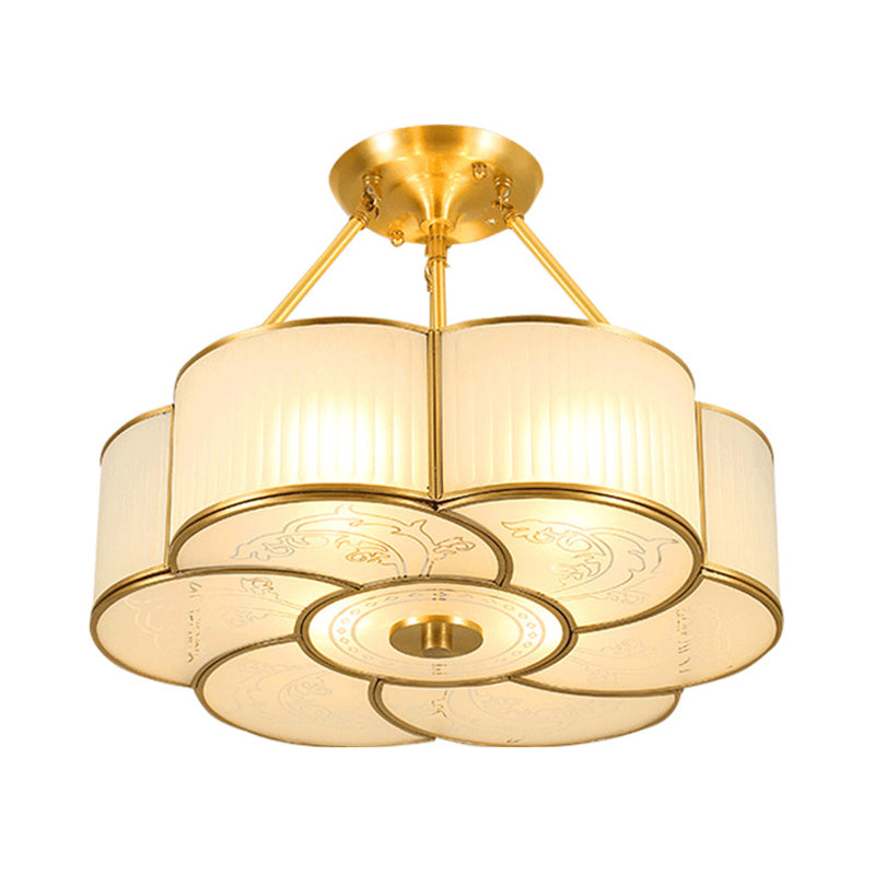 4/6 Lights Flower Semi-Flush Ceiling Light Traditional Brass Metal Lighting Fixture with  White Curved Glass Shade, 18"/23.5" W