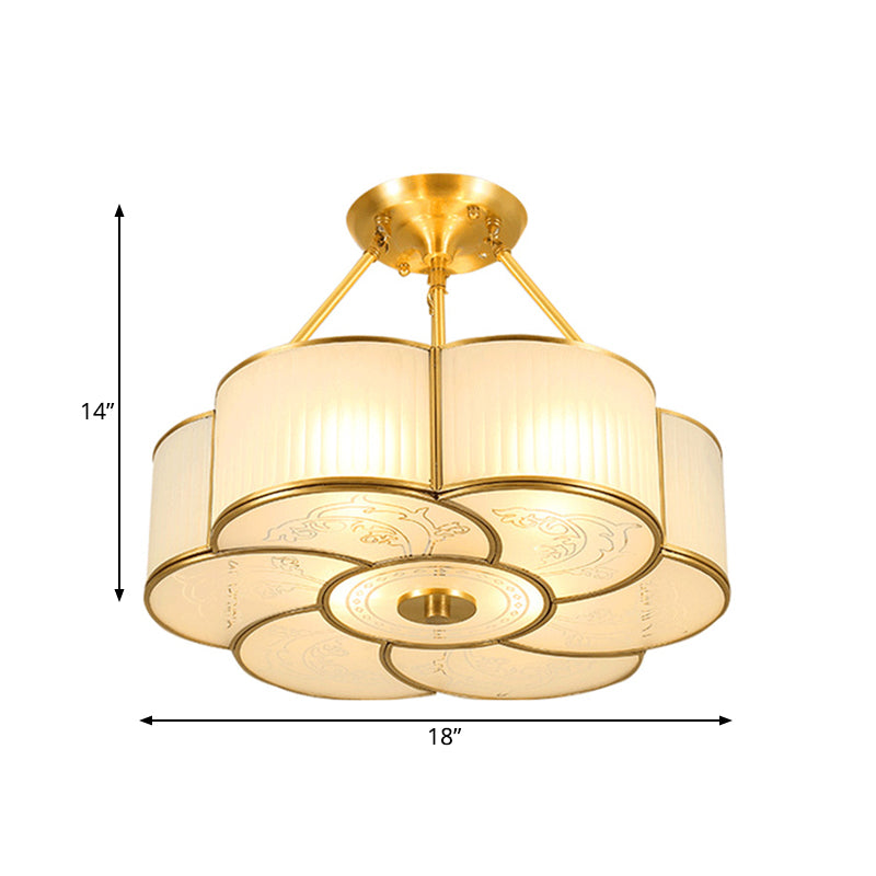 4/6 Lights Flower Semi-Flush Ceiling Light Traditional Brass Metal Lighting Fixture with  White Curved Glass Shade, 18"/23.5" W